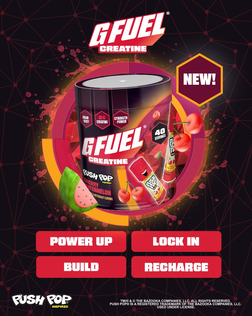 GFuelEnergy's tweet photo. Like + RT for a chance to win this Push Pop® Cherry Watermelon creatine!

Shop our Creatine collection: https://t.co/eHMNgseZhU https://t.co/JNOz75Mgrn