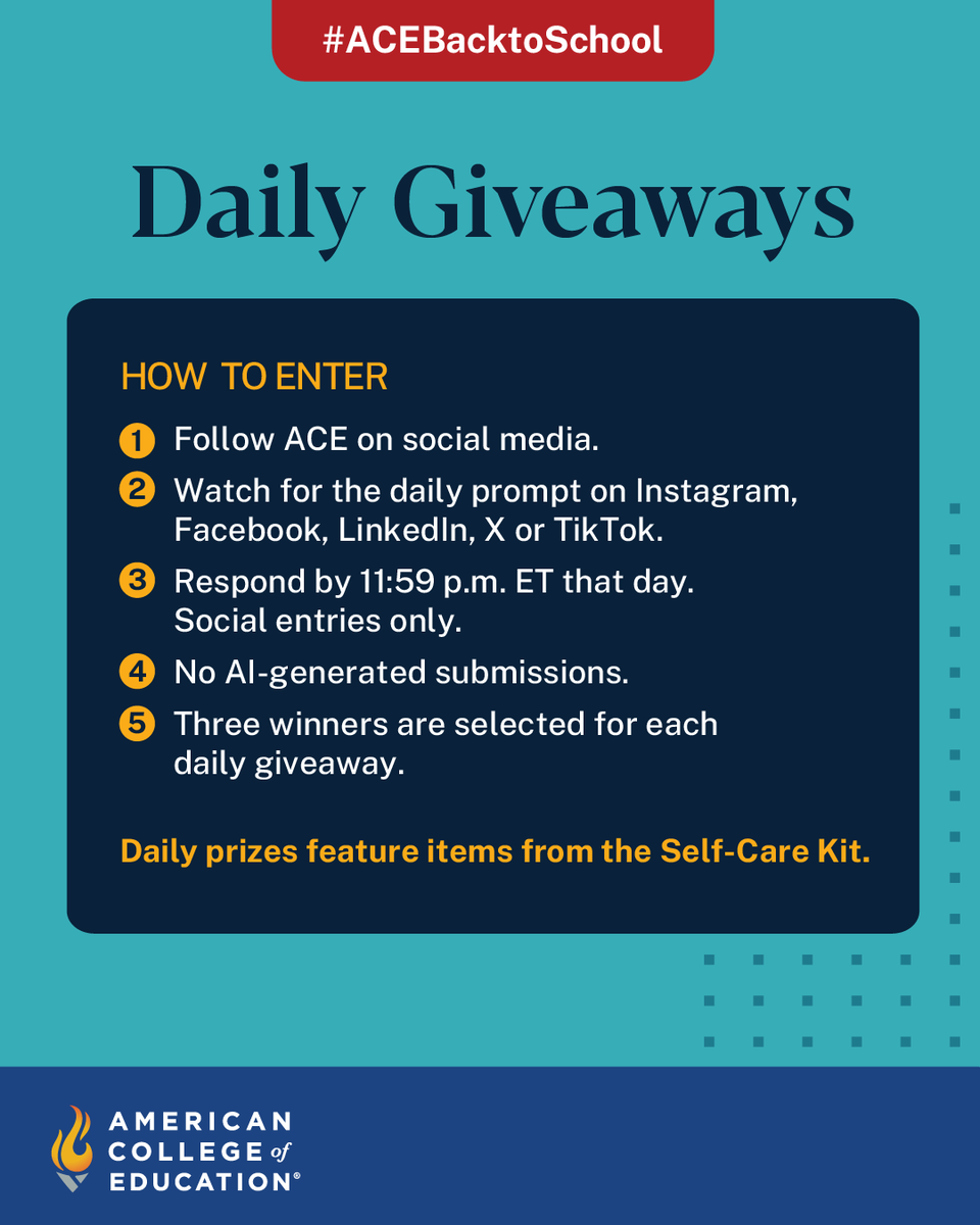 ACEedu's tweet photo. 🚨 DAILY GIVEAWAYS START TOMORROW! 🚨 
Back-to-school season is here, and ACE is celebrating YOU. 🎒💙 

Each day, we’ll share a new prompt and a new chance to win a self-care prize. And with THREE winners selected for each daily giveaway, you won’t want to miss a day! 👀 

Follow ACE, watch for the daily prompt and submit your response by 11:59 p.m. ET each day for your chance to win. 

Ready? We’ll see you tomorrow! 🎉 
Learn more: https://t.co/yPLr3BeFEV 

#ACEBacktoSchool #ACEStartsWithMe