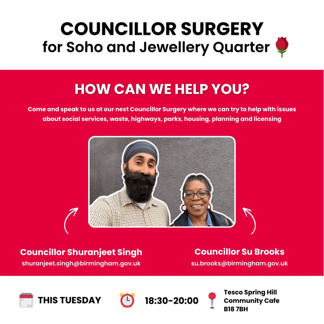 MyJQ's tweet photo. 📍 Cllrs Shuranjeet Singh &amp; Su Brooks launch their Soho/Jewellery Quarter surgery TODAY Tue 18 Aug, 18:30-20:00, Tesco Spring Hill Community Cafe, B18 7BH. Raise issues on housing, waste, planning &amp; more. #JQLife #JQDemocracy #JewelleryQuarter @shuranjeetsingh https://t.co/2cvmVAHz9X