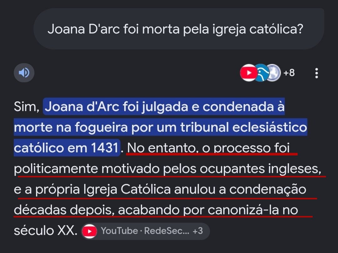 oMarechal01's tweet photo. @omarcocastro @Catolicismooo Clérigos a condenaram num tribunal eclesiástico, mas isso não significa que a Igreja Católica, enquanto instituição, tenha decidido pela morte dela. O processo teve forte motivação política, foi anulado pela própria Igreja e Joana acabou canonizada. A própria print mostra isso. https://t.co/fBjfgQV9Wh
