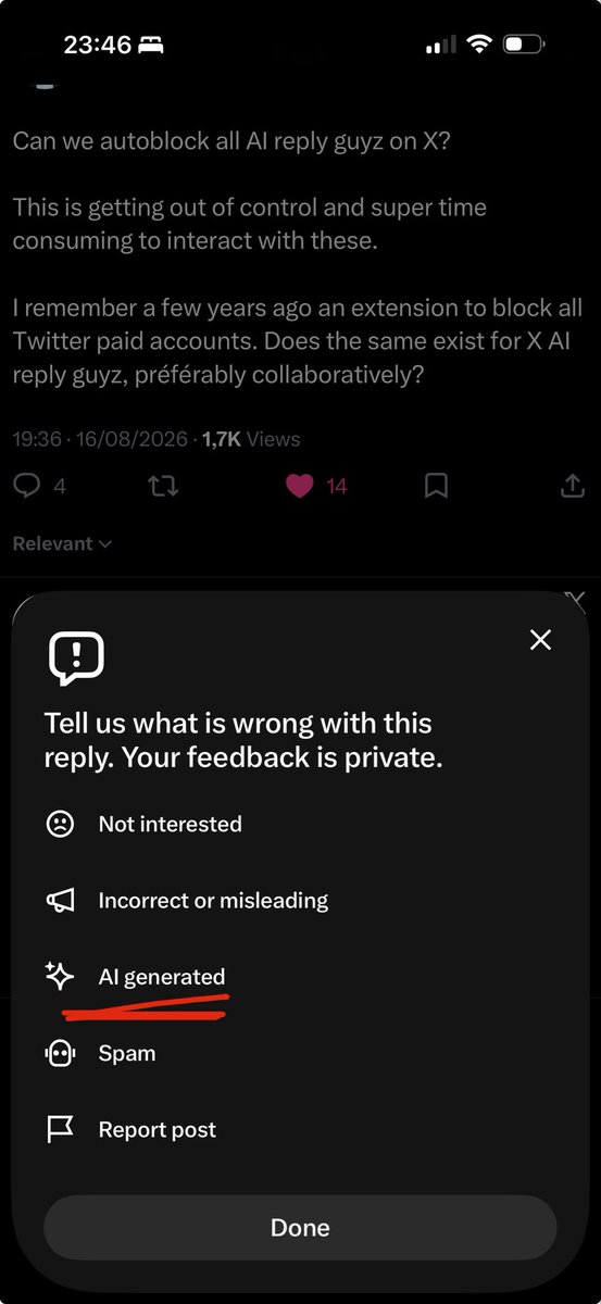 bl0776836238's tweet photo. @sebastienlorber Yes please. In fact I just learned today that you can dislike a reply and mark it as AI generated https://t.co/eiw2riaukV