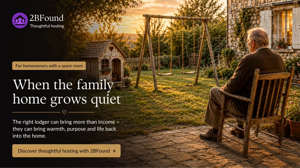2BFoundApp's tweet photo. When the family home grows quiet, a spare room can mean more than extra income.

For many older homeowners, it can also mean companionship, purpose and bringing a little life back into the house.

But opening your door to someone is a big decision. It has to be the right person.

That’s why we’re building 2BFound — to help homeowners choose lodgers more thoughtfully, with more confidence before anyone moves in.

Because the right lodger can bring more than rent.

#2BFound #SharedLivingUK #SpareRoom #EmptyNest