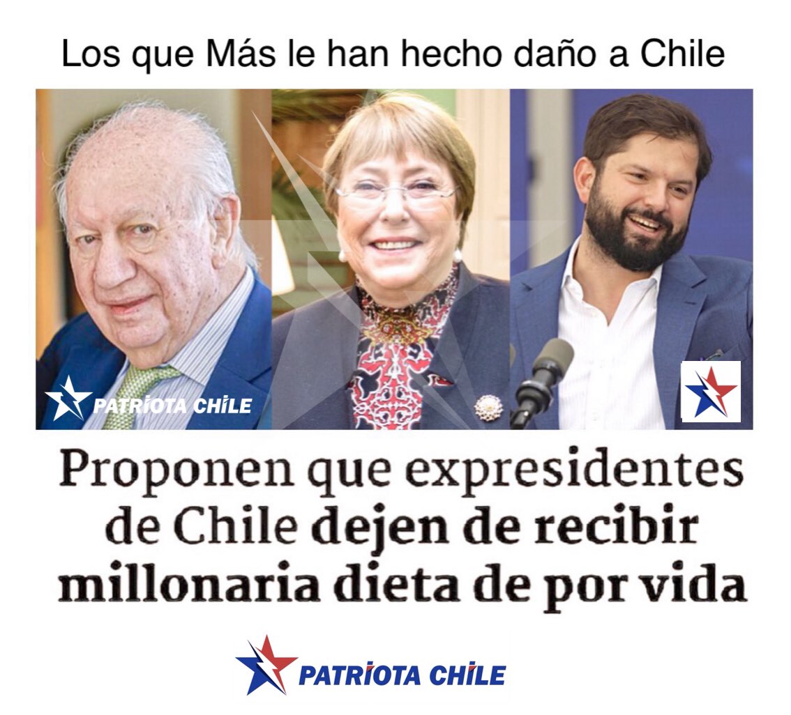 Soubirous_33's tweet photo. 🔴 URGENTE | Patriotas, No es Justo que los que más le hicieron daño a Chile, reciban sueldos vitalicios MILLONARIOS, ESTOS tres DESTRUCTORES, NO  NECESITAN ESOS DINEROS, pertenecen al 1% más Rico del País. RT 
#NoALaDietaVitaliciaDeExPresidentes https://t.co/t0PXNzhhBr