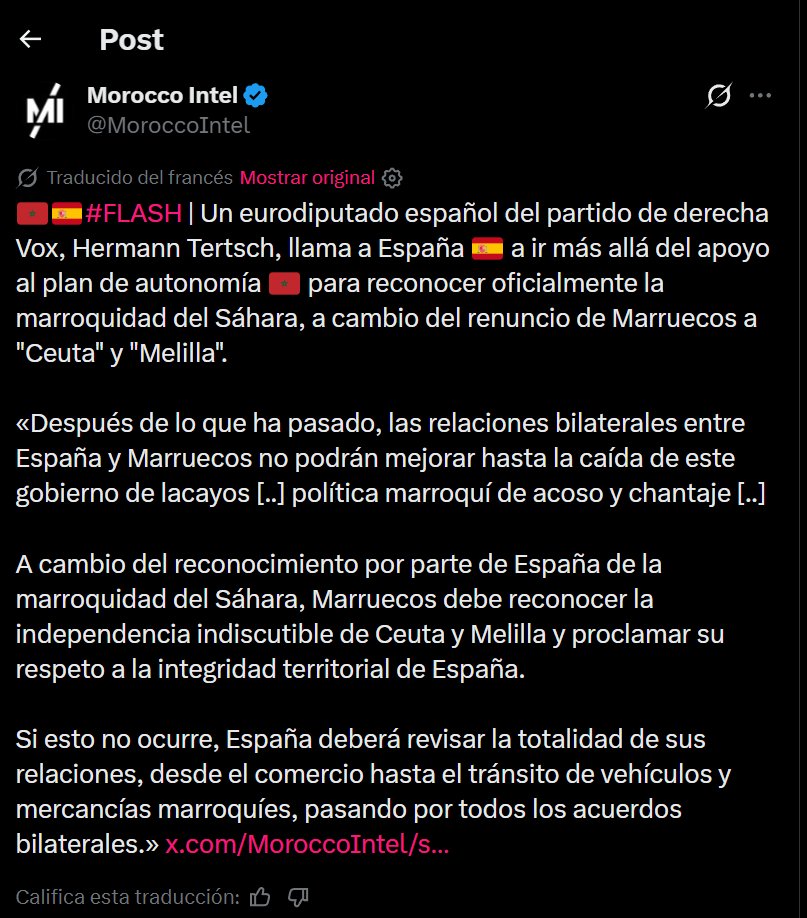 03690jul's tweet photo. Cuentas ligadas al Majzen marroquí, haciendo propaganda a Tertsch, de VOX, que ha propuesto reconocer el Sahara como parte de Marruecos. Recordemos que Tertsch es primo de Ana Palacio, ex ministra del PP y lobista certificada de Marruecos, defensora en foros del régimen marroquí https://t.co/4FSuPC4f8G