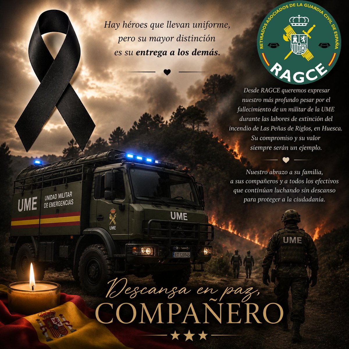 RAGCEasociados's tweet photo. 🖤 Desde RAGCE trasladamos nuestro más profundo pesar por el fallecimiento de un militar de la @UMEgob mientras luchaba contra el incendio de Las Peñas de Riglos (Huesca).
Nuestro abrazo a su familia y compañeros, y nuestros mejores deseos para los heridos.
#SiempreGuardiaCivil https://t.co/0h6B5zMkxW