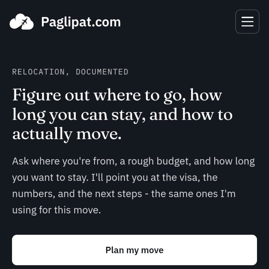 PaglipatCom's tweet photo. Paglipat is on your home screen now.

Open https://t.co/nC0RzKlr4B in Chrome. Tap ⋮, then Add to Home screen, then Install app. No Play Store.

Visas, housing, money, cheap flights. Written from the move, not a brochure.

https://t.co/BfUVBtred4

Built by @davthecoder https://t.co/cGHYuANE1C