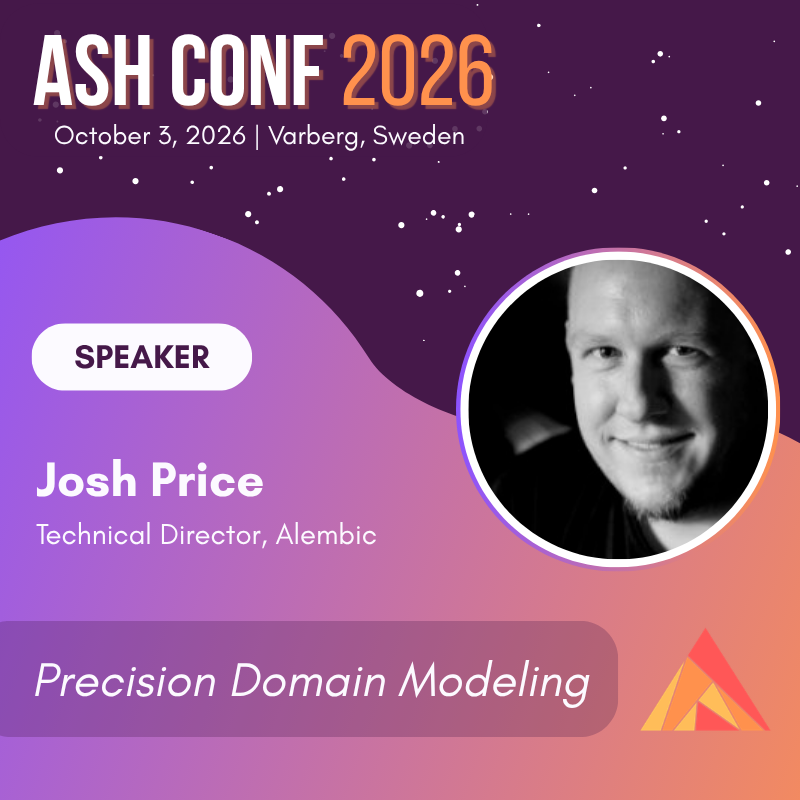 ZachSDaniel1's tweet photo. This year at #AshConf we'll get to hear from @joshprice on Precision Domain Modeling. @joshprice has been the longest standing champion of Ash, and at @teamalembic they build ambitious software in record time.

That team is working with some serious firepower, and everyone in the #AshFramework community has a lot to thank @joshprice and the team for. Don't miss his talk!

#AshConf is on October 3rd in Varberg, Sweden, the day after #Goatmire! Be there or be square 😎

https://t.co/2pjNACVHab