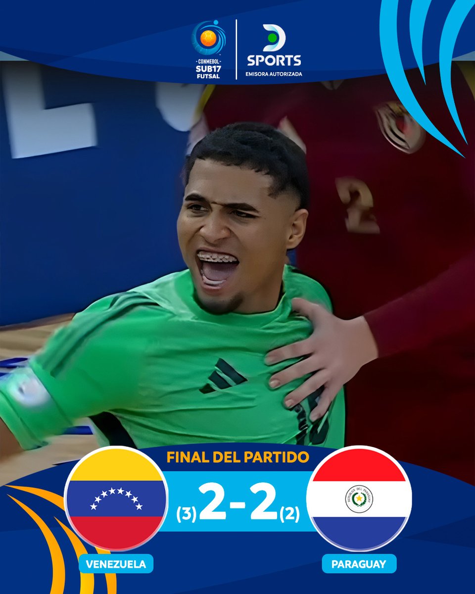 DSports's tweet photo. ¡LA VINOTINTO SE SUBIÓ AL PODIO! 🥉🇻🇪

Luego de igualar 2-2 en el tiempo regular, Venezuela se impuso 3-2 en los penales ante Paraguay y se quedó con el tercer puesto del #Sub17FSEnDSPORTS. ⁣
⁣
#FutsalEnDSPORTS https://t.co/QGif2CwYAy