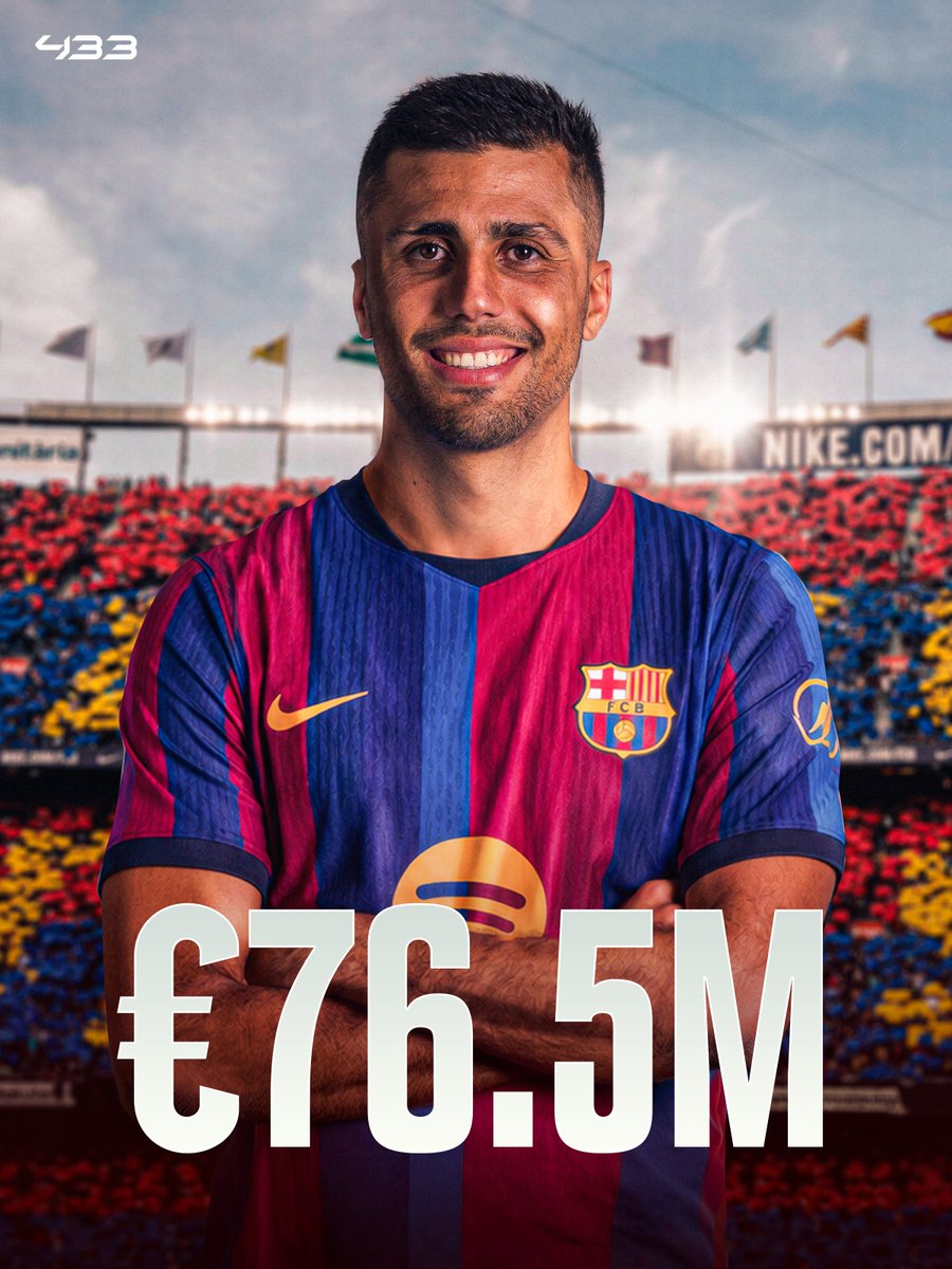 433's tweet photo. 🚨 𝐁𝐑𝐄𝐀𝐊𝐈𝐍𝐆: Barcelona to pay up to €𝟕𝟔.𝟓𝐌 for Rodri, per @David_Ornstein 💰

Man City will directly receive €60M, with the rest coming from add-ons considered achievable. https://t.co/jjNwZqXVPM