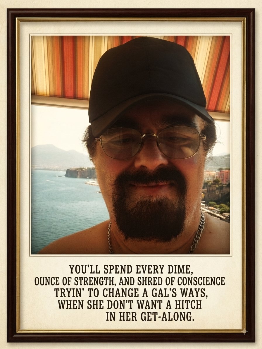 TapaPadam's tweet photo. "You'll spend every dime, ounce of strength, and shred of conscience tryin' to change a gal's ways, when she don't want a hitch in her get-along." — Gino Scarano

#RelationshipAdvice
#HardTruths
#LifeLessons
#LetThem
#MindsetShift https://t.co/nHcTvcaLtH