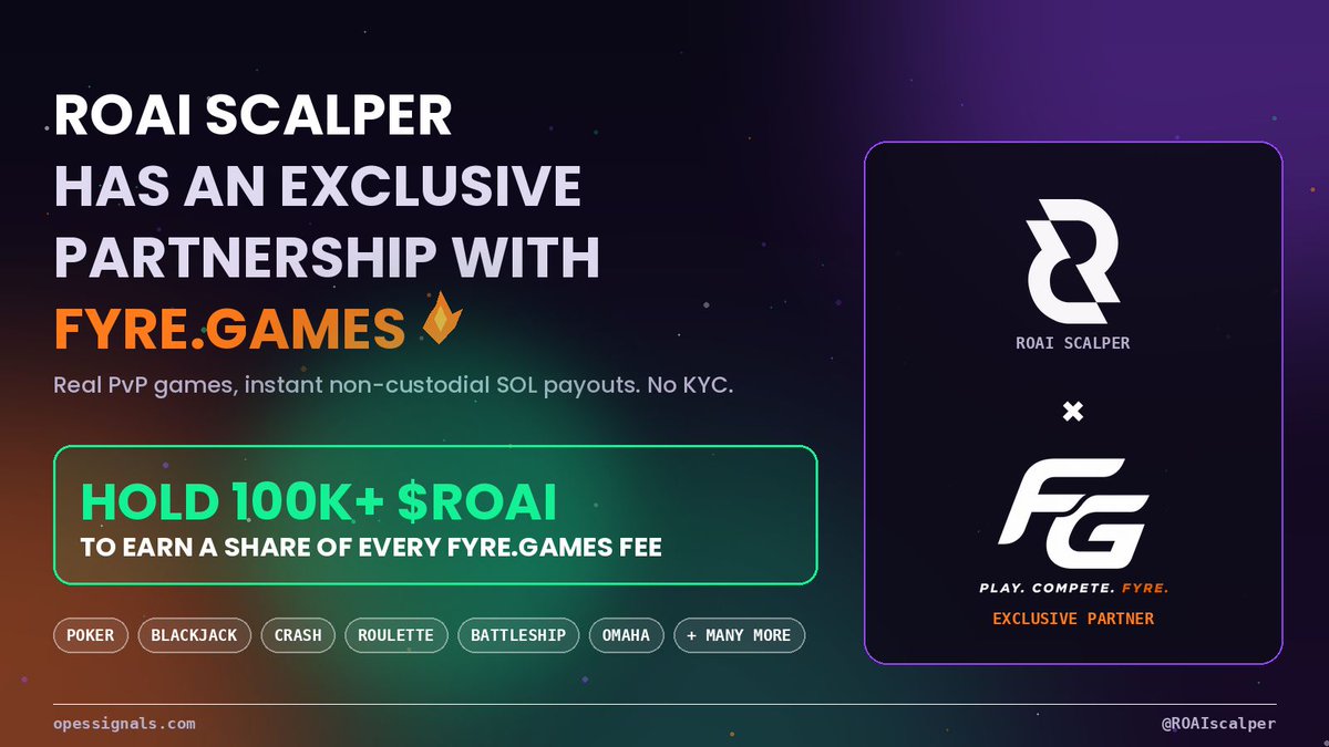 RoaiScalper's tweet photo. https://t.co/1CMsF4Nzqc is now the exclusive partner of ROAI-Scalper.

https://t.co/IWUggfGvWL lets Telegram groups run real player-vs-player games (Poker, Blackjack, Battleship, Crash, Roulette and more) with instant non-custodial SOL payouts. Every game charges a table fee. No kyc.

Holders with 100k+ $ROAI get a share of the fees generated through this partnership. Steps of 0.1% throughout, capped at 2.0%.

$ROAI held :
Below 100,000 : 0%
100,000 : 1.1%
200,000 : 1.2%
300,000 : 1.3%
400,000 : 1.4%
500,000 : 1.5%
600,000 : 1.6%
700,000 : 1.7%
800,000 : 1.8%
900,000 : 1.9%
1,000,000 : 2%

Signups for fee payouts can be done early next week.

Telegram group owners can set up the bot in minutes. Head to https://t.co/GwMPxMC0yM to see how to configure and activate it in your group.

Want a custom whitelabel partnership? Reach out to us directly.

https://t.co/Tih3iRLoL1

^RX