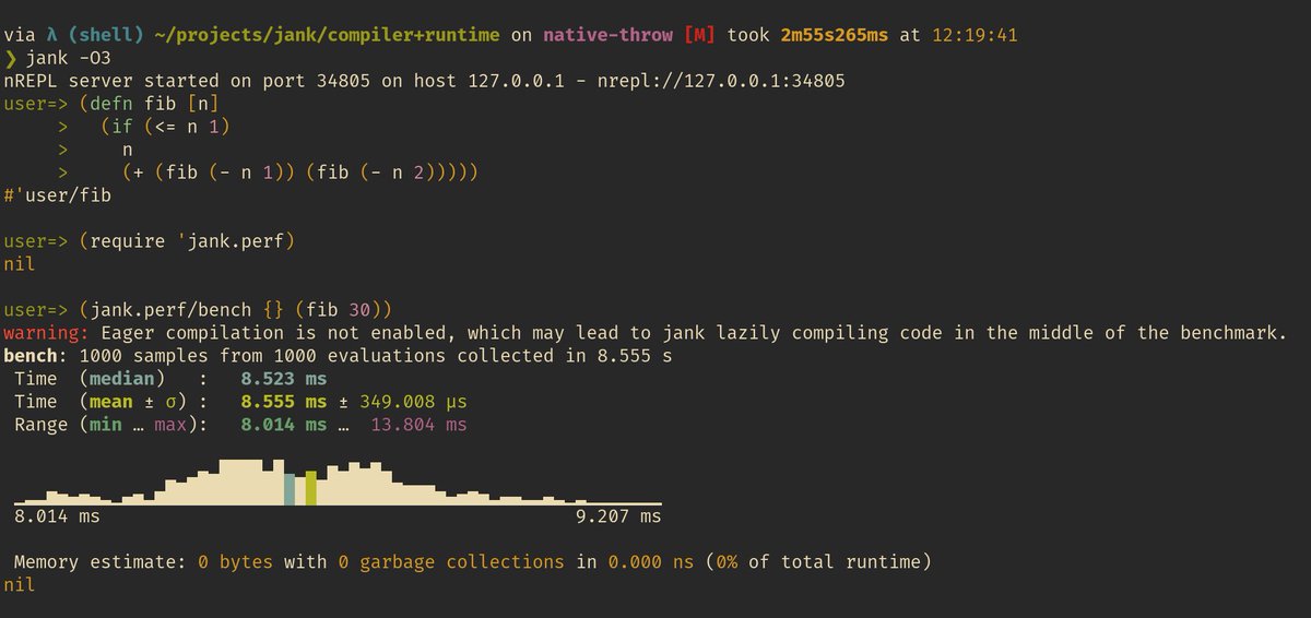 jeayewilkerson's tweet photo. Did you know jank has a built-in benchmarking library for easy benchmarks with beautiful output? It even checks for common benchmarking mistakes, like debug builds, missing optimization flags, and lazy compilation.

#clojure https://t.co/YpxkyMPY1P