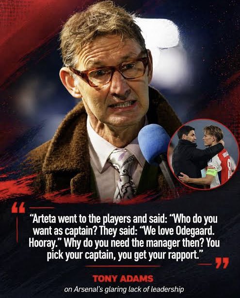 Archivesznz's tweet photo. 🚨Tony Adams apologizes to Martin Ødegaard after his performance against Manchester City in the Community Shield and admits he proved him wrong:

🗣️“Martin, I have to apologize to you. I questioned whether you could truly lead this Arsenal team, but after watching your performance against Manchester City, I have to admit that you proved me completely wrong.

“The way you took responsibility, controlled the game and led the team when it mattered most showed exactly what being an Arsenal captain is about. You didn’t just wear the armband; you played like a leader.

“I was wrong to doubt you. You have shown the character, quality and mentality required to captain Arsenal, and if this performance is a sign of what’s to come, then Arsenal fans have every reason to be excited. Well done, Martin.”