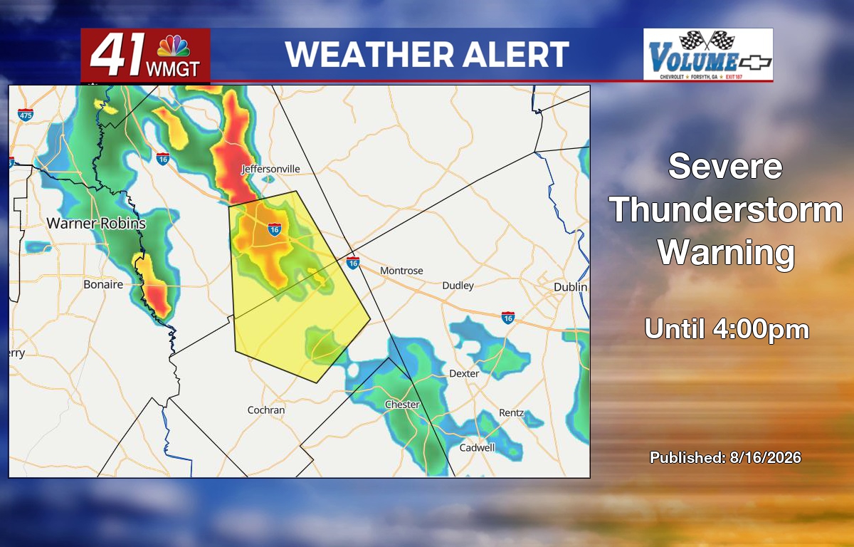 41NBC's tweet photo. 41NBC Weather Alert: Severe Thunderstorm Warning for Bleckley and Twiggs County until 4:00pm. More info at https://t.co/9uj3MYwYCL #gawx #41NBC https://t.co/8X2DjTYsza