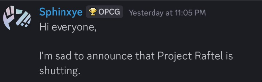 rjtriedtotweet's tweet photo. Two One Piece Card Game simulator projects, Project Raftel and Rush, have reportedly received termination notices, bringing their respective projects to an end.

The big question now is: Is this a sign that Bandai is preparing to make way for the official One Piece Card Game digital client? 👀

Nothing has been officially confirmed yet, but the timing definitely raises some questions, especially since some of the other TCGs have officially announced that they will create their own.

Could an official digital version of One Piece Card Game finally be on the horizon? 🏴‍☠️