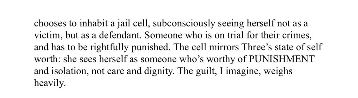 witchydamsel's tweet photo. This leads me to my next important argument : The Problem vs Person Debacle 

After another unsuccessful recovery, Three is, forever, left alone.
What's not lost on me is that, in light of everything, Three voluntarily chooses to inhabit a jail cell, subconsciously seeing herself https://t.co/WLafCICLJ5