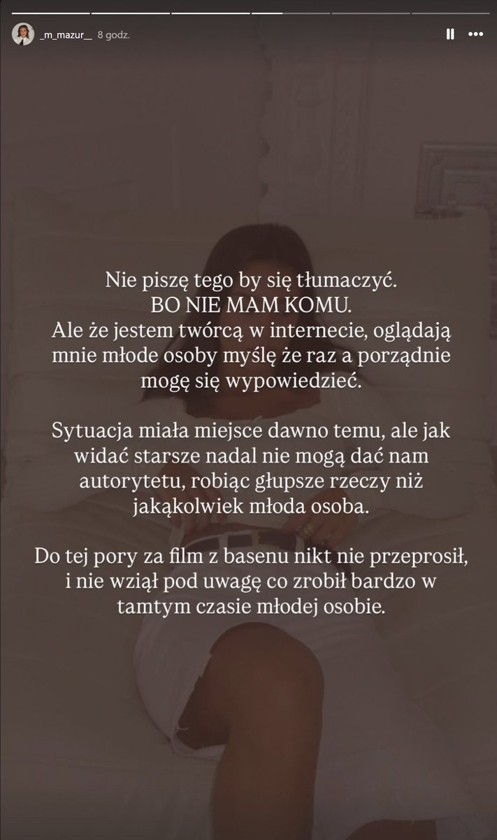 MixynPL's tweet photo. Maja Mazur poznana głównie dzięki t5m3 informuje na swoich storisach na IG, że nadal jest obiektem westchnień wielu starszych fanów po legendarnym filmie z basenu, za który nikt ją nie przeprosił, a czuje że została wtedy wykorzystana jako młoda osoba.

Pytanie czy jest to kolejna chęć przypomnienia o sobie w internecie, szczere zmęczenie wypominania przeszłości, czy przypomniała sobie po tak długim czasie, że została wykorzystana przez Friza?

Źródło - IG: _m_mazur__

*Cenzurę sam dałem*