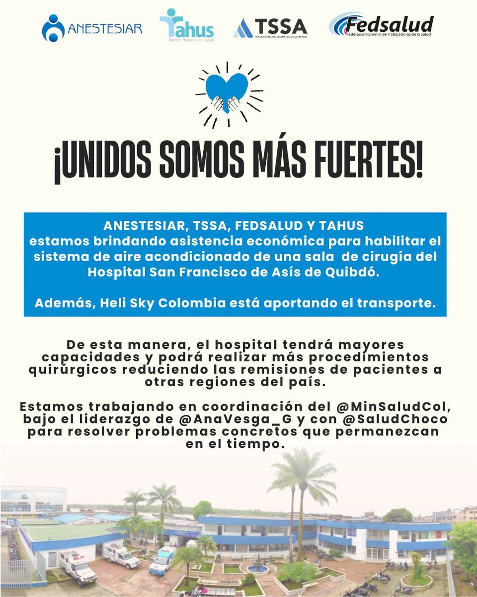 Fedsalud's tweet photo. ¡Unidos somos más fuertes! @AnestesiarCol - TSSA - @Fedsalud - @ColTahus - @HeliSkyCol - @MinSaludCol - @AnaVesga_G - @SaludChoco https://t.co/pF4e5x0bCY