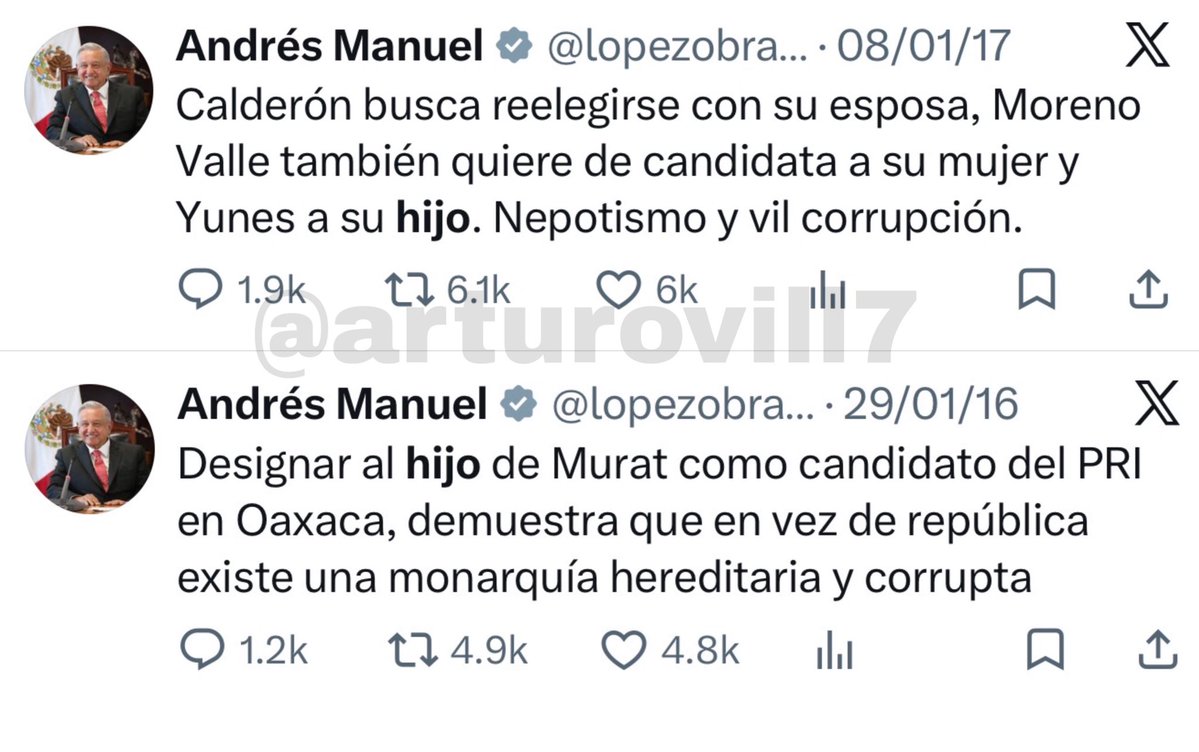 ArturoVill7's tweet photo. 🇲🇽👇🏻Y en su gustada sección: siempre hay un tuit.

Aquí vemos a López Obrador quejándose de que los hijos de Yunes y Murat serían candidatos en Veracruz y Oaxaca. Los llamó “nepotistas” y parte de una “monarquía corrupta”.

9 años después, Andy busca ser Diputado Federal gracias al nepotismo. Y para rematar, Murat Jr. y Yunes Jr. terminaron formando parte de su propio movimiento.

Las vueltas que da la vida… y la hipocresía.