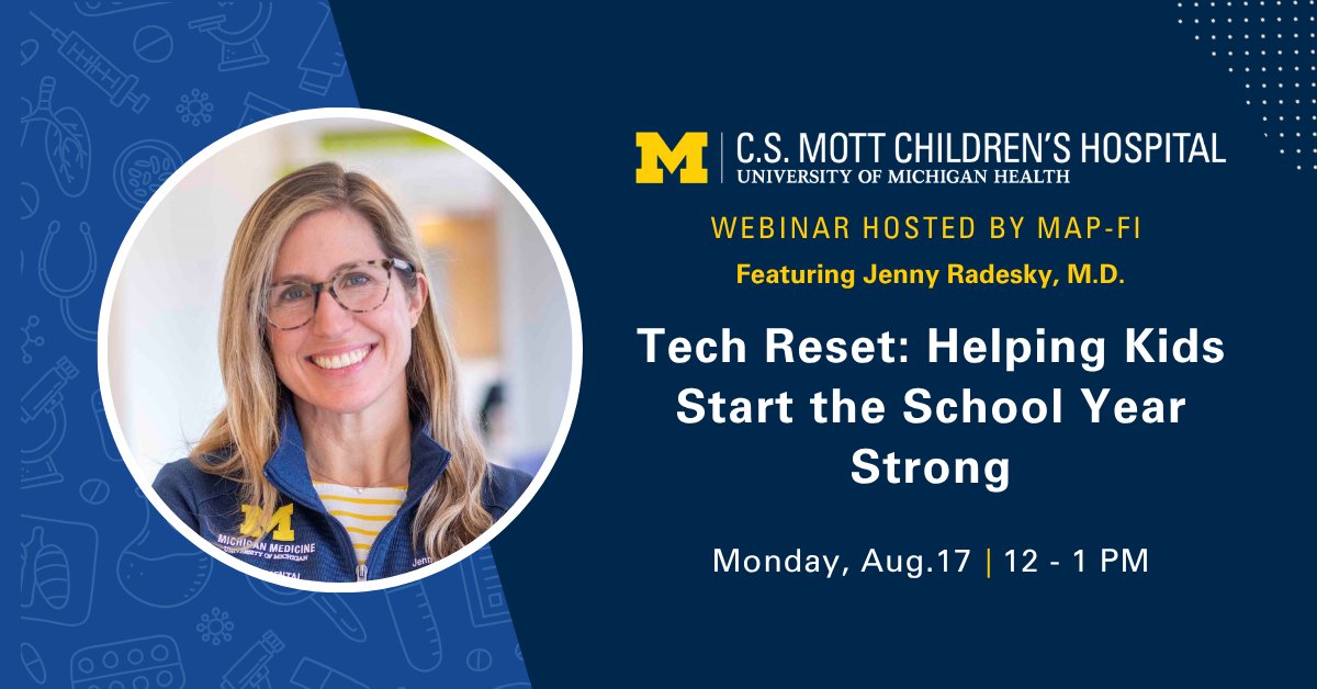 MottChildren's tweet photo. .@MottDocs behavioral developmental pediatrician Dr. Jenny Radesky will share practical strategies to help families reset tech habits in the new school year. Topics will include AI, phones, realistic non-screen alternatives &amp; more! 

Register here: https://t.co/XMgwaKk0wI https://t.co/Z2hN4FMQeq
