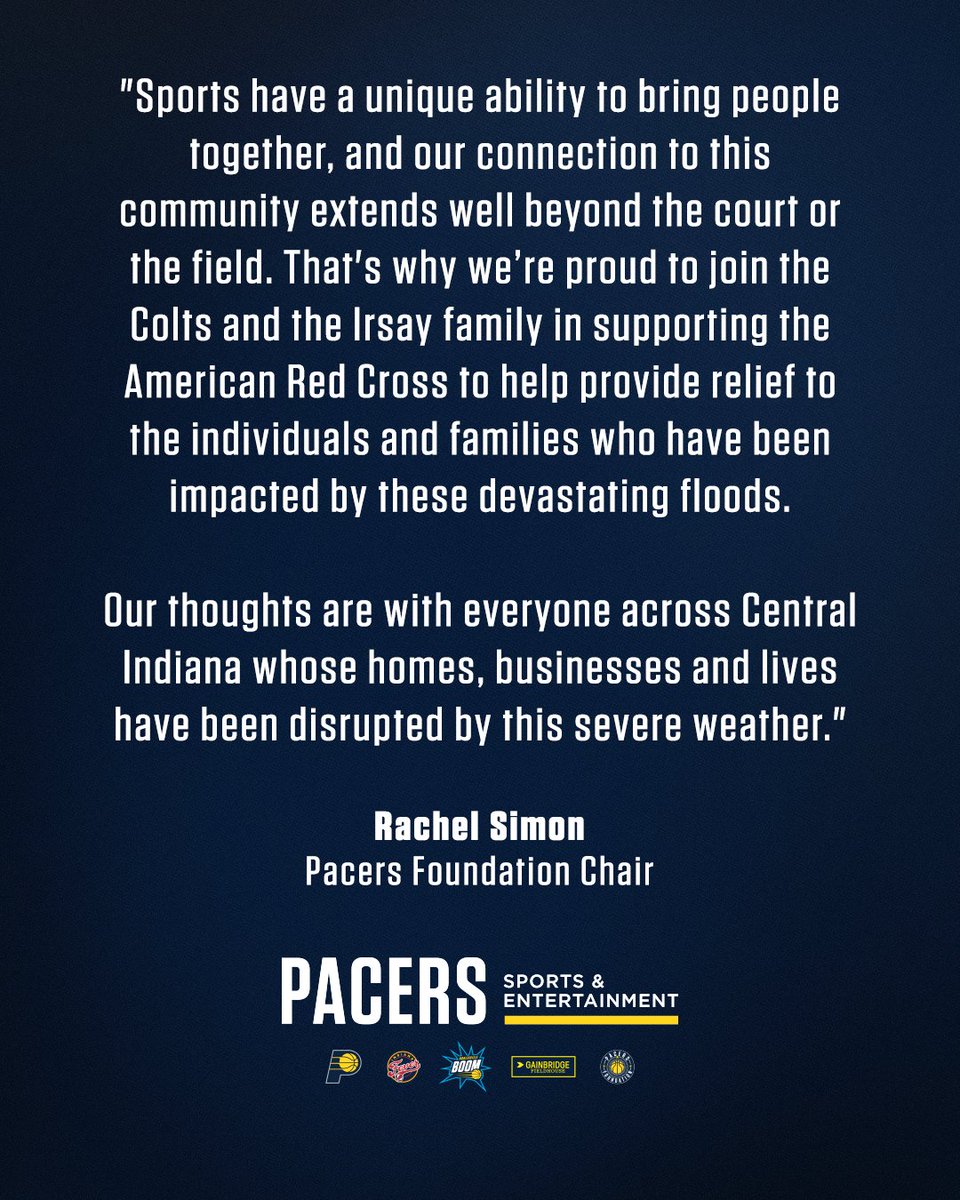 Pacers's tweet photo. Pacers Sports &amp; Entertainment has teamed up with the Indianapolis Colts to donate $250,000 to the American Red Cross to support Central Indiana families impacted by historic flooding and severe weather.

Learn more: https://t.co/3covLxtsc5 https://t.co/U9Q6d9fcxP