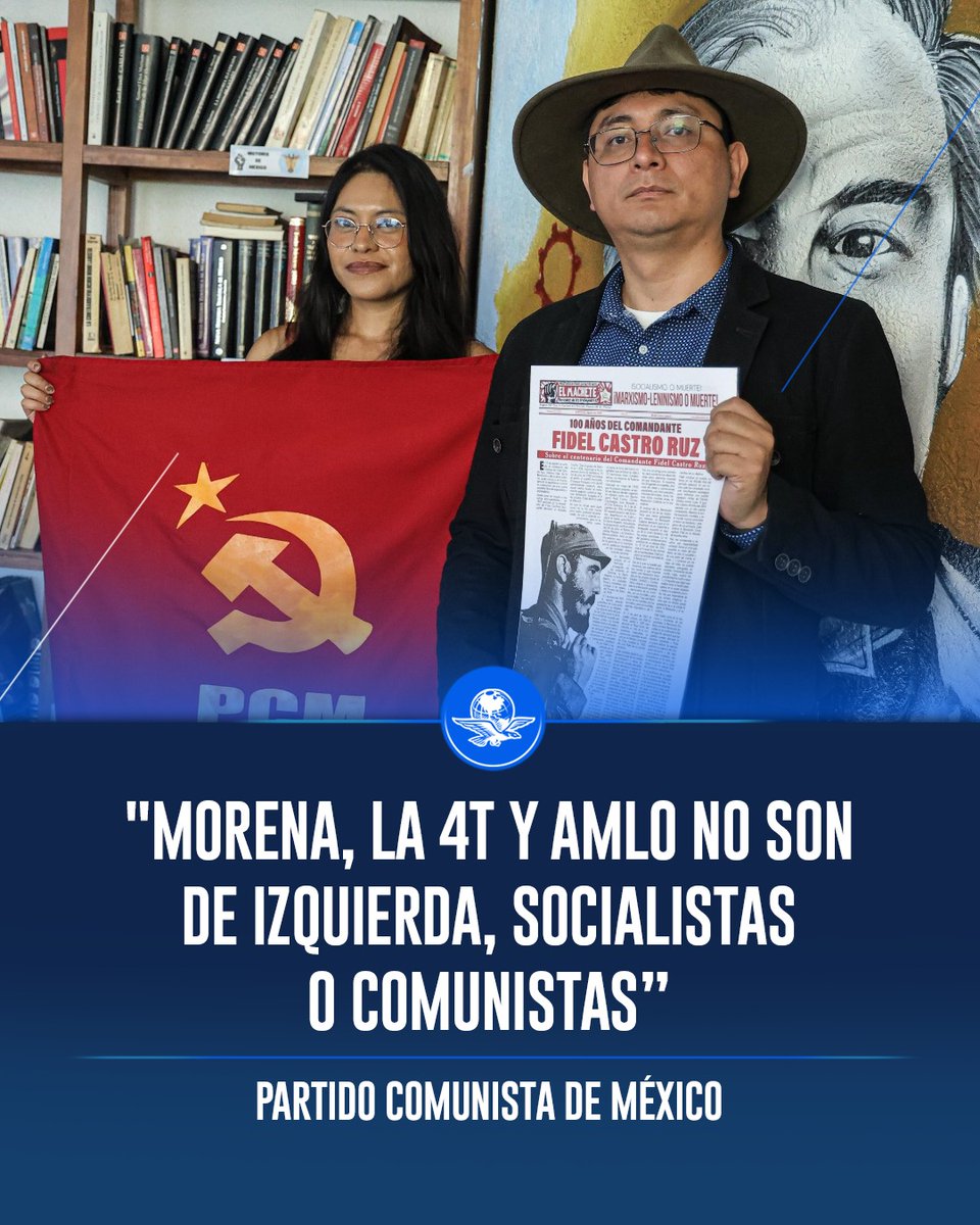 El_Universal_Mx's tweet photo. 🗣️ Marco Vinicio Dávila, miembro del comité central del Partido Comunista de México, señala que él y sus camaradas aún persiguen un objetivo claro: “la búsqueda permanente del poder”. Sus principales referentes ideológicos se mantienen intactos: Marx, Engels, Lenin y Stalin

☝️ El PCM actual descarta una alianza con cualquier otro partido. “La gente nos dice: ‘¿por qué un partido comunista lanza candidatura si ya está una candidata de izquierda de Morena?’ Y hay que decir que Morena, la Cuarta Transformación, López Obrador y ahora la Dra. Sheinbaum, no son de izquierda, mucho menos son socialistas o comunistas”, dice Vinicio Dávila

Esto es lo que nos dijeron: https://t.co/JRtslwQCaZ