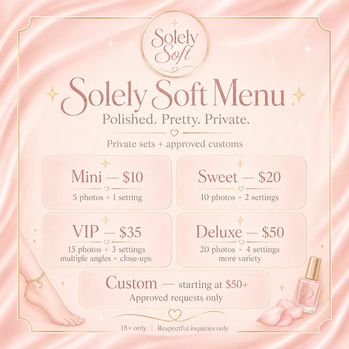 SolelySoft's tweet photo. The Solely Soft menu is officially live ♡
Choose your package, then make it your own with approved setting options like:

✨ satin
🛏 cozy bed or couch setups
🧴 lotion or oil glow
👠 heels or slippers
💎 anklets + accessories
18+ | Respectful inquiries only ✨ https://t.co/PYipEQH0ri