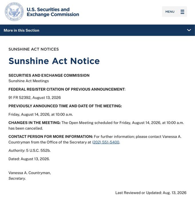 EleanorKate_PRV's tweet photo. 🚨NEW:The @SECGov is cancelling its planned open meeting tomorrow due to a scheduling conflict.

Per a spokesperson:“The SEC is committed to delivering on the President’s agenda to bring certainty to the crypto space. Due to an unforeseen scheduling issue, tomorrow’s Open Meeting https://t.co/L8RpUdQiwq