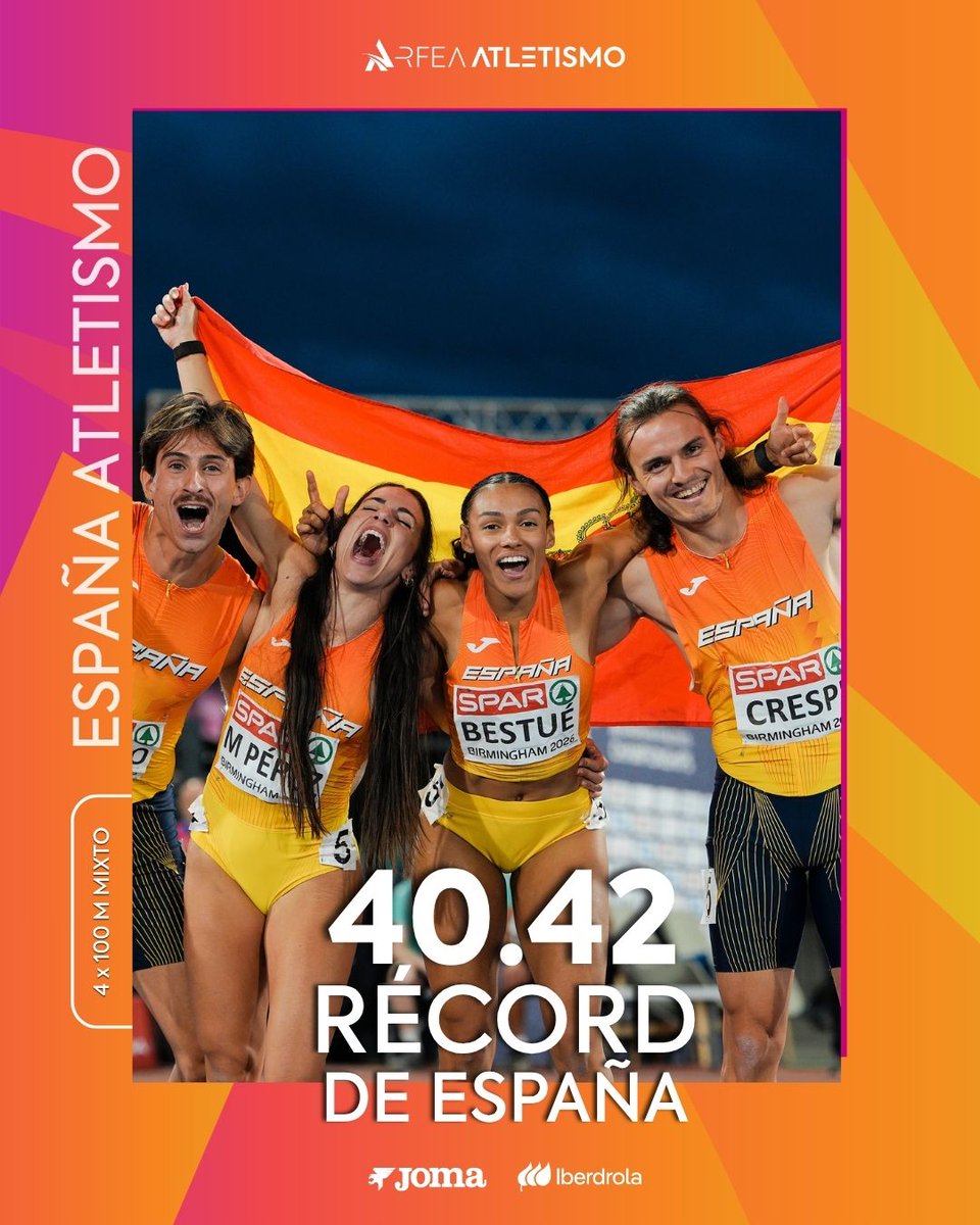 atletismoRFEA's tweet photo. AHORA SIIIIII #EspañaAtletismo 🇪🇸 BRUTAL 🥉

𝐁𝐑𝐎𝐍𝐂𝐄 𝐄𝐔𝐑𝐎𝐏𝐄𝐎 𝐘 𝐑𝐄́𝐂𝐎𝐑𝐃 𝐃𝐄 𝐄𝐒𝐏𝐀𝐍̃𝐀 🎉🎉

4⃣0⃣.4⃣2⃣
🤝 Guillem Crespí 🤝 @Misabel_perez   🤝 Andoni Calbano 🤝 @JaelBestue 

ENHORABUENA EQUIPAZO y ENHORABUENA el PNR, que logra  la primera medalla absoluta en un gran campeonato de un relevo español
👏👏👏👏

@birmingham2026 #PasiónPorCompetir

📺 @teledeporte y @eurosport_es
📊 https://t.co/HHvs1o6LcI
📸 https://t.co/K9h8o8HCJH