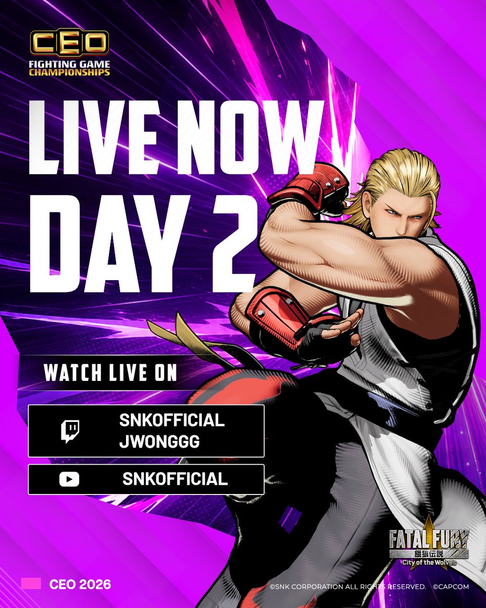 snk_esports_hub's tweet photo. 🏆 Championship day has arrived for FATAL FURY: City of the Wolves!
The final battles are LIVE at #CEO2026. Who will take home the title?
🟣 https://t.co/rGsGOZkZ4a
🟣 https://t.co/1BX9yY99mr
🔴 https://t.co/Eg8yhWPecM
#FatalFury #CotW https://t.co/atCyqz22Nv