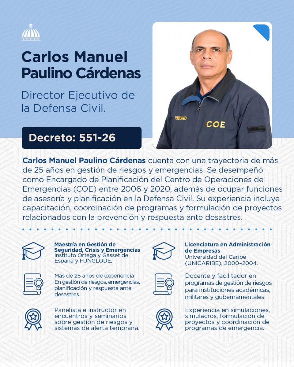 luisabinader's tweet photo. Mediante el Decreto 551-26, estoy designando a Carlos Manuel Paulino Cárdenas como director ejecutivo de la Defensa Civil. https://t.co/czBEPT5DAW