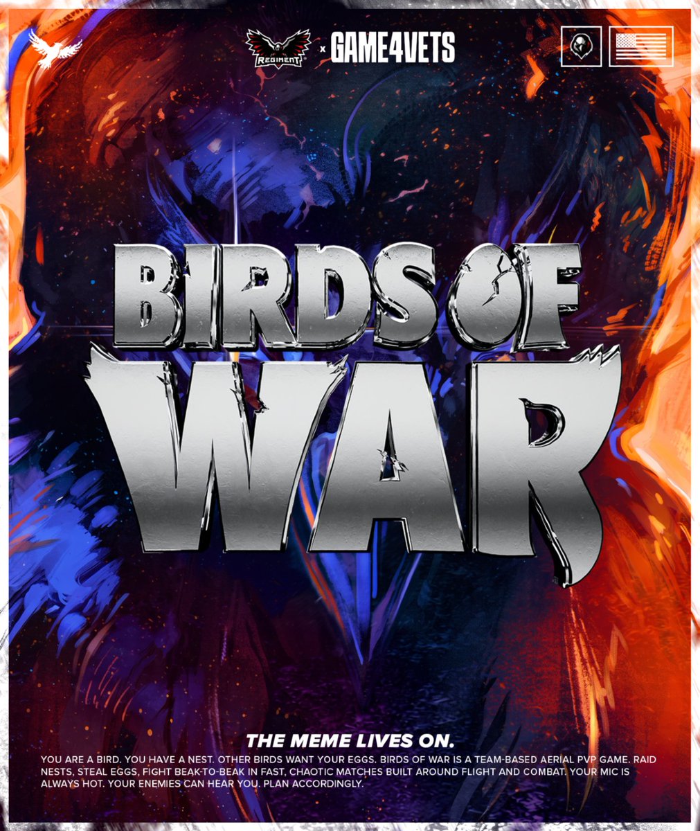 RegimentGG's tweet photo. New FREE @Games4Vets Video Game just took flight! 🦅

Get ready for BIRDS OF WAR, where chaos rules the air and every moment can turn the fight upside down. 

✅ Join REGIMENT and claim your game today!

#WeHaveYourSix | #Games4Vets https://t.co/xmyja2bBDe
