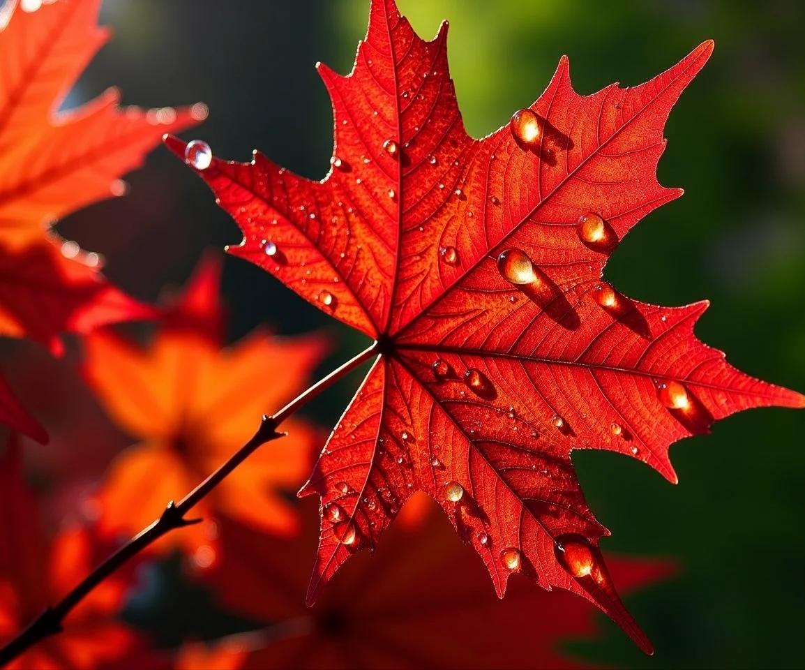 puchimarron's tweet photo. Morning dew glistens on maple leaves  crisp autumn air is the perfect pick-me-up for a cozy walk! https://t.co/zVnJRK86c0