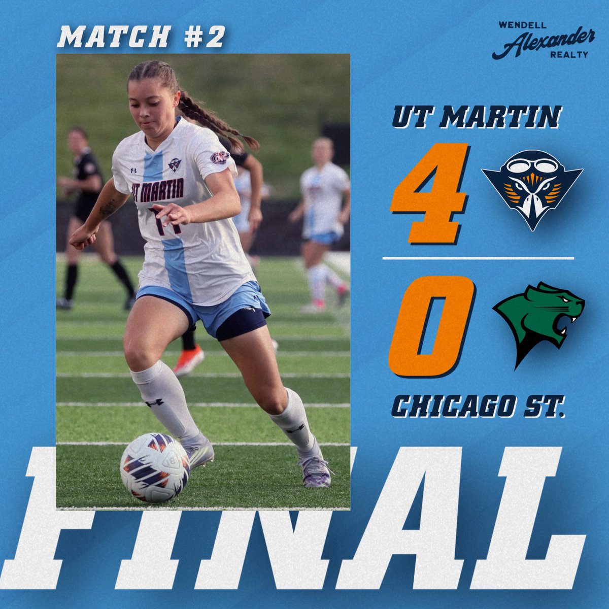 utmsports's tweet photo. The @UTMartinSoccer team blew by Chicago State Sunday with a 4-0 win on the road!

The Skyhawks' home opener is Thursday against Middle Tennessee at 7 p.m.

⚽️: Wolf (2 Goals)
⚽️: Weihs (1 Goal, 2 Assists)
⚽️: Amby: (1 Goal)

#MartinMade https://t.co/AOjaSlLRIw