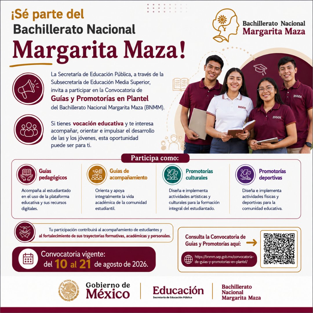 SemsysGro's tweet photo. 📚 ¡Sé parte del Bachillerato Nacional Margarita Maza! Participa en la Convocatoria de Guías y Promotorías en Plantel: pedagógica, acompañamiento, cultural o deportiva. 📅 Vigente del 10 al 21 de agosto de 2026. ¡Participa! https://t.co/aorZTTBXQz
