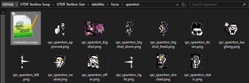 BowlOfTailsSoup's tweet photo. For people uploading SoupGen compatible face sprites, you can now attach folder metadata to credit yourself! You can request custom sprites to be added. Also, custom Spamton sprites by kture! https://t.co/8yRgANbWjr