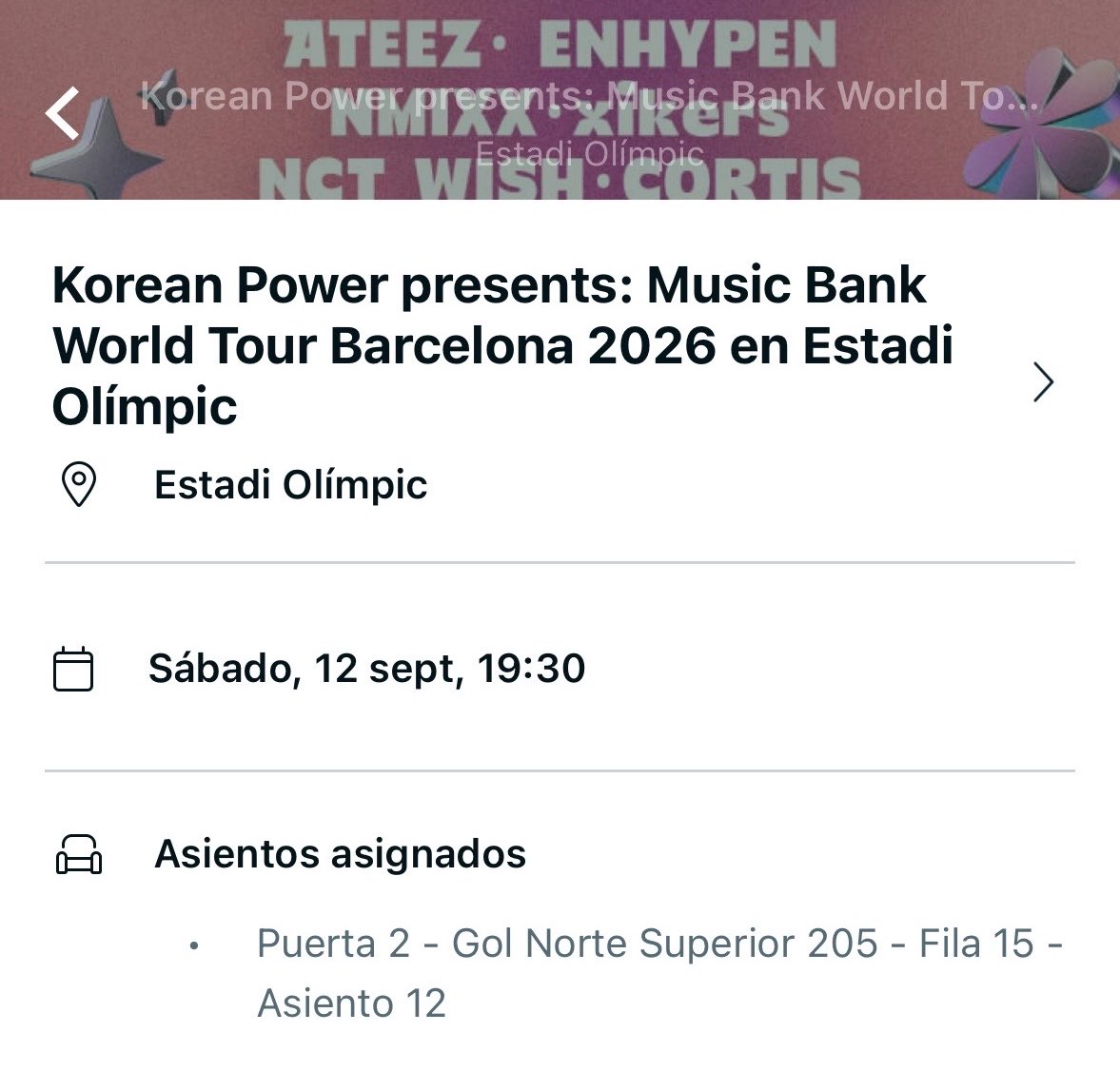 wooyjong's tweet photo. VENDO ENTRADA KOREAN POWER MUSIC BANK BARCELONA EL 12 DE SEPTIEMBRE!!!!!!

~ Precio original (negociable)
~ Interesades md!!! 
#KoreanPower #MusicBank #MusicBankBCN #MusicBankBarcelona #ATEEZ #ENHYPEN #NMIXX #xikers #NCT #NCTWISH #CORTIS https://t.co/TDfT8rv1de