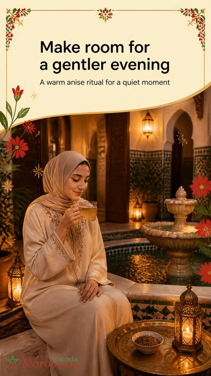 GoodsMoroccan's tweet photo. A warm cup of Moroccan anise is a small ritual rooted in heritage: traditionally enjoyed for mild digestive discomfort and a quiet pause. Keep it simple, and listen to your body. #MoroccanHeritage #Anise https://t.co/OmZ7MZOQ5M