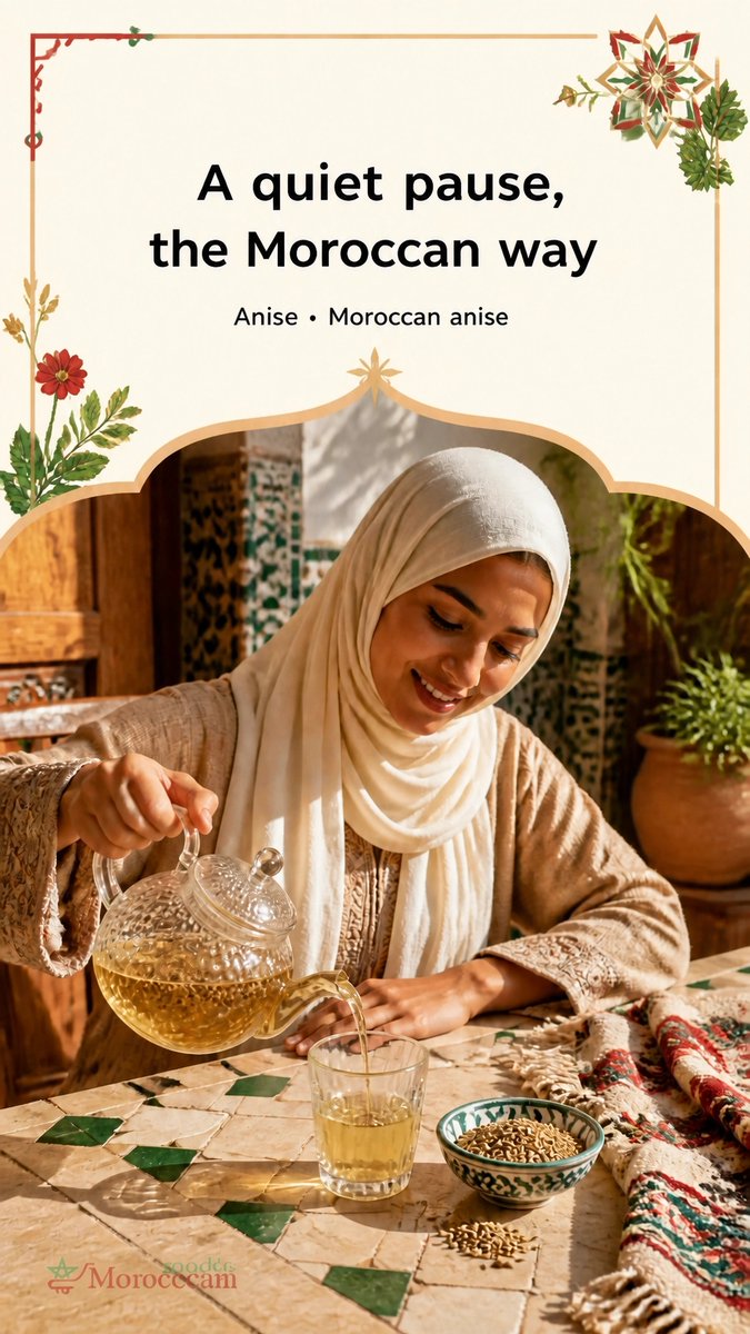 GoodsMoroccan's tweet photo. A warm cup of Moroccan anise is a small ritual rooted in heritage: traditionally enjoyed for mild digestive discomfort and a quiet pause. Keep it simple, and listen to your body. #MoroccanHeritage #Anise https://t.co/OmZ7MZOQ5M