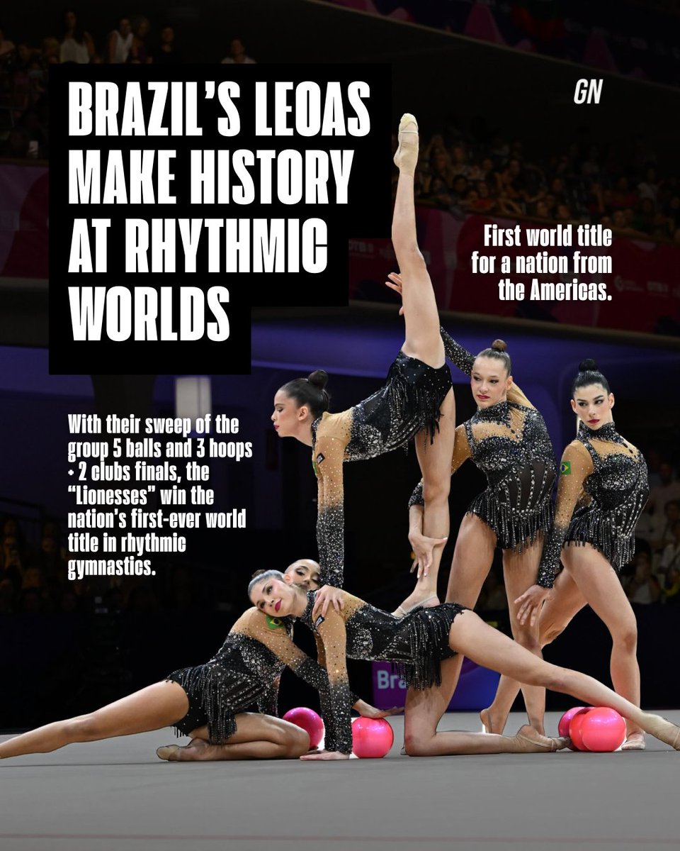 Gymnastics_Now's tweet photo. The final day of Rhythmic Worlds brought history for Brazil! 🇧🇷

The Leoas "Lionesses" won both the 5 balls and 3 hoops + 2 clubs finals, marking the nation's first-ever world titles in rhythmic gymnastics AND the first world title for a nation from the Americas.

This is also the first time a country has swept both group exercises since Russia in 2010.

#Frankfurt2026