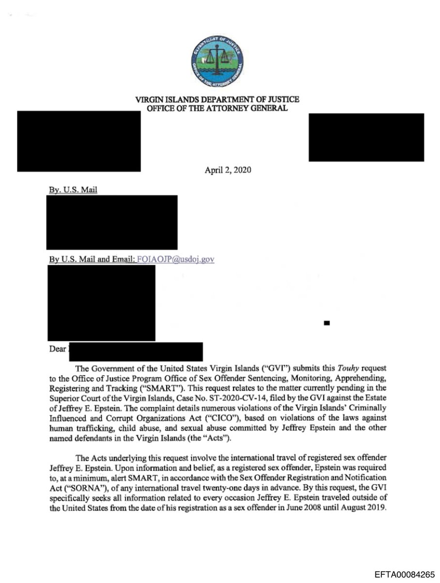epsteinsearchin's tweet photo. Virgin Islands prosecutors asked the Justice Department for every trip Jeffrey Epstein took outside the country as a registered sex offender.

Federal law required him to give 21 days advance notice before each one. They asked about June 2008 to August 2019. https://t.co/wpzEmfx8DF