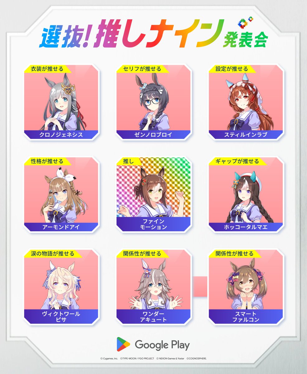 daigames715ps5's tweet photo. わたすの最近の環境の推しナイン発表会ウマ娘さんデッキです。対戦よろしくお願いします。なんで９人しか選べないの😢　＃推しナイン発表会  #ウマ娘 https://t.co/YbqkudjHJb