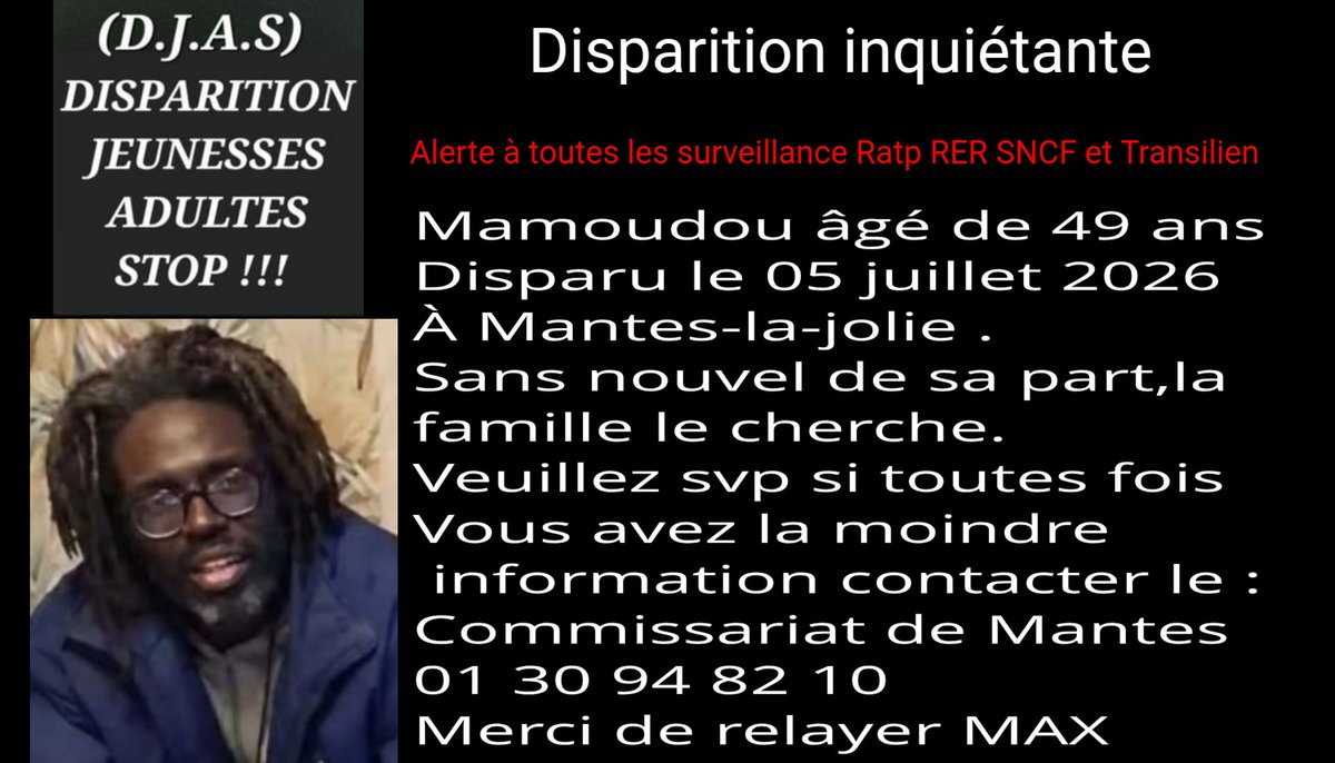 20Regle97064's tweet photo. Alerte à toute la région d’ #iledefrance 
@mantes_a
@ManteslaJolie_
Depuis la famille est inquiète, 
Si toutes fois vous avez des informations n'hésitez pas à contacter les autorités compétentes. 
@ClientsRATP @SNCFReseau
 @belaid8246 https://t.co/dSfWrvxju6