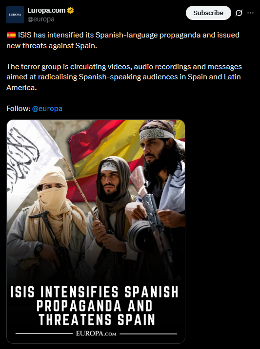 YourAnonCentral's tweet photo. ISIS reemerged to threaten Spain after the US, Russia and Israel launched influence &amp; disruption campaigns against Spain ahead of the 2027 election.

US, Russia and Israel back right-wing networks globally; ISIS, like other Islamist terrorists, is part of the global far right. https://t.co/FihS6jPUMU