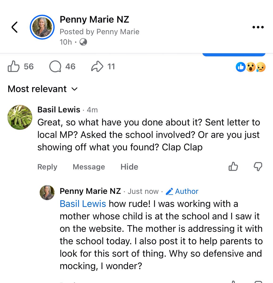 pennymarienz's tweet photo. ‘Basil’ who locks his profile of Facebook, feels to weigh in on my post about the AI made up words on school website. What could he possibly have an issue with here? 
But I had an answer anyway. 
These people disgust me, frankly. https://t.co/5CzexTE4Nq