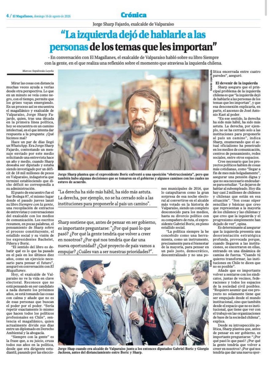 JorgeSharp's tweet photo. La presentación del libro "Siempre con la Gente" busca contribuir al debate que hoy debe dar la izquierda, porque si algo es cierto es que precisamente la izquierda dejó de hablarle a las personas de los temas que le importan.

Estas ideas son parte de la entrevista que hoy publica @LaPrensAustral de Magallanes, a quien le agradezco el espacio.