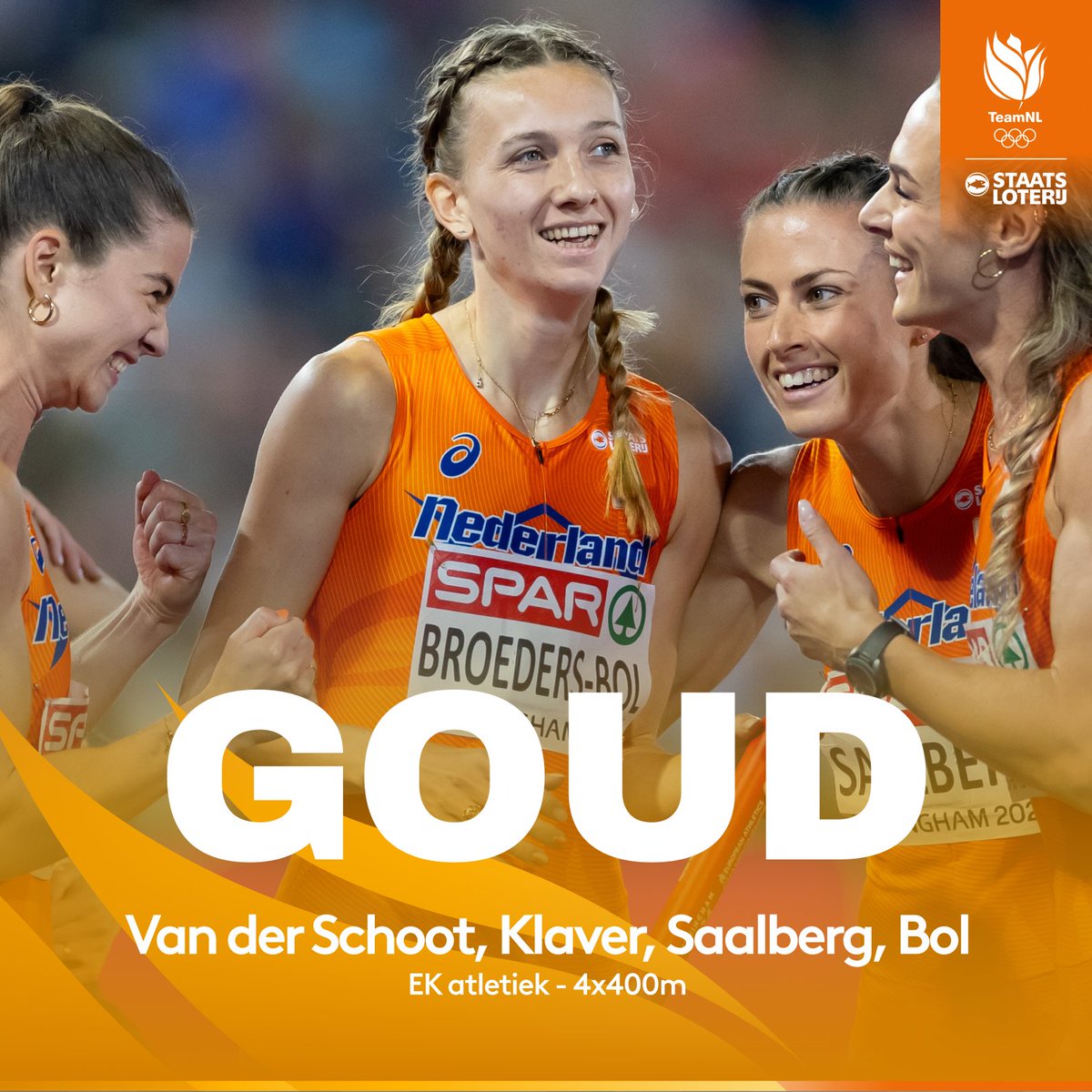 TeamNLtweets's tweet photo. Voor de derde keer op rij Europees kampioen op de 4x400 meter 👏

#TeamNL https://t.co/isIWtFiQzC