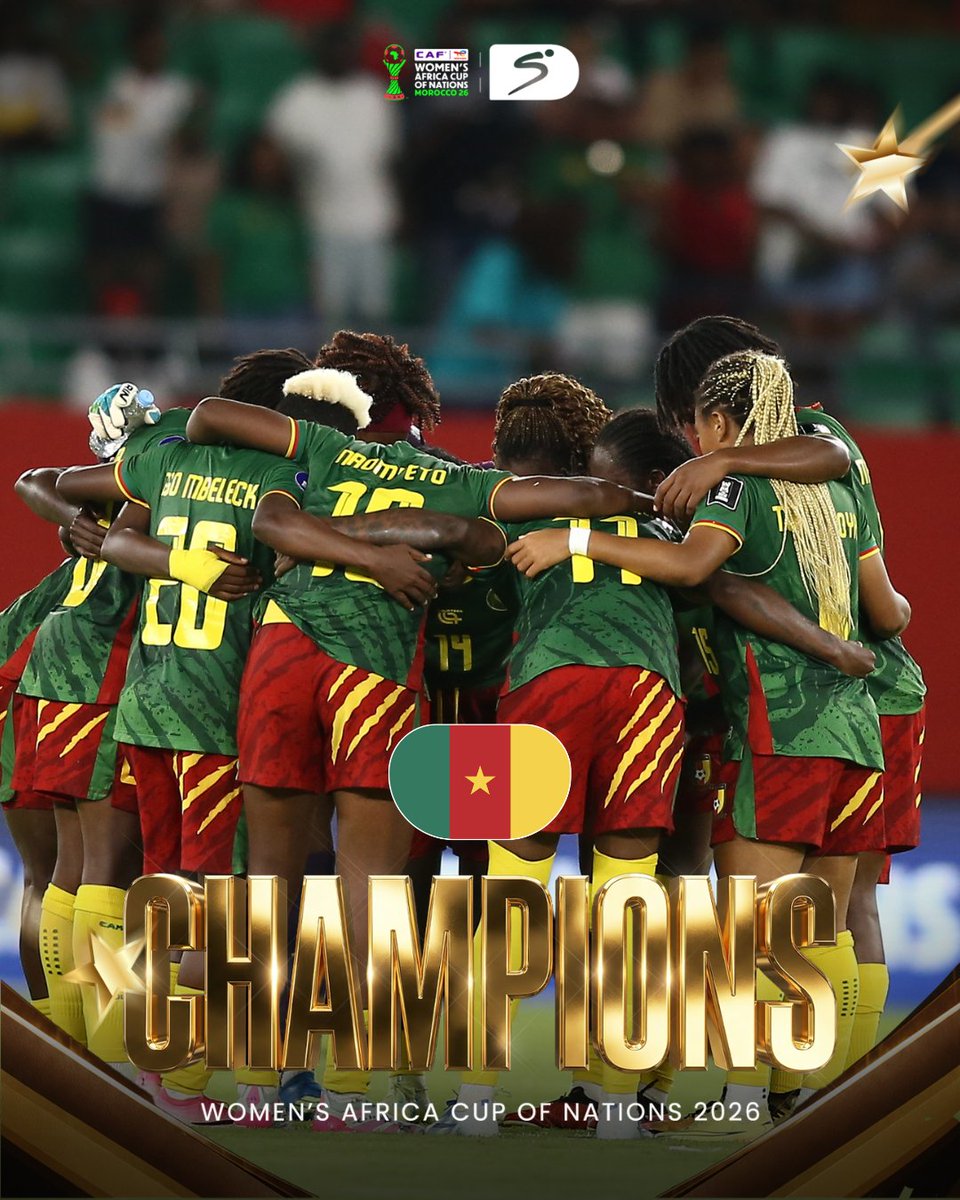 SSFootball's tweet photo. 𝐇𝐈𝐒𝐓𝐎𝐑𝐘 𝐅𝐎𝐑 𝐂𝐀𝐌𝐄𝐑𝐎𝐎𝐍 🏆🇨🇲

The Indomitable Lionesses are first-time #TotalEnergiesWAFCON2026 Champions 🤩🌟

#SSFootball https://t.co/qCvnDijd9B