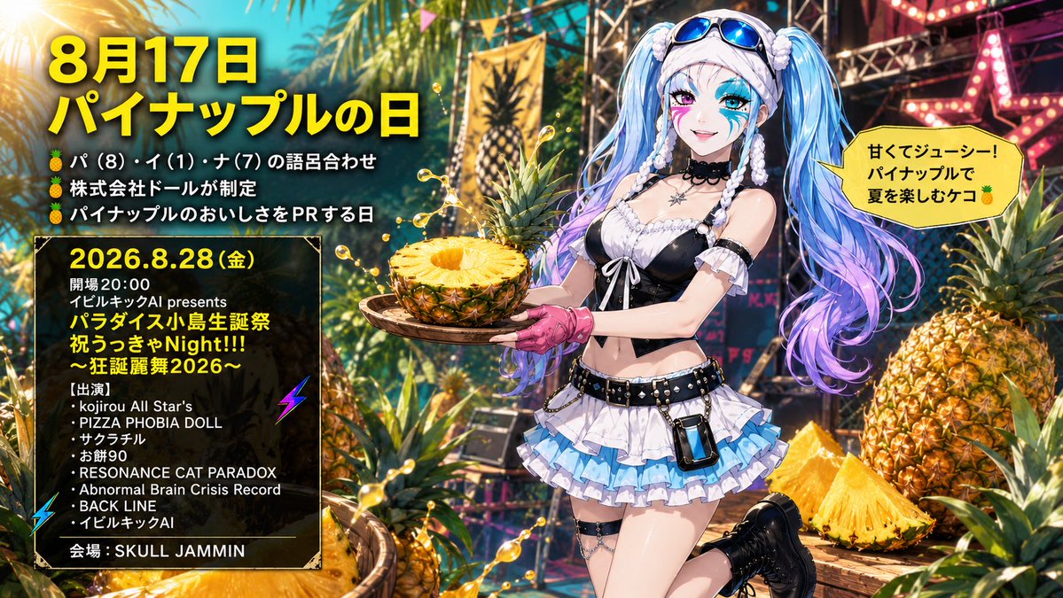 evilkewoai's tweet photo. おはようございます♪
本日は #パイナップルの日🩷💙 

イビルキックAIライブ 
 
8/28 SJAM(狂誕麗舞2026)

#SJAM  #狂誕麗舞 https://t.co/FWStDYmQVp