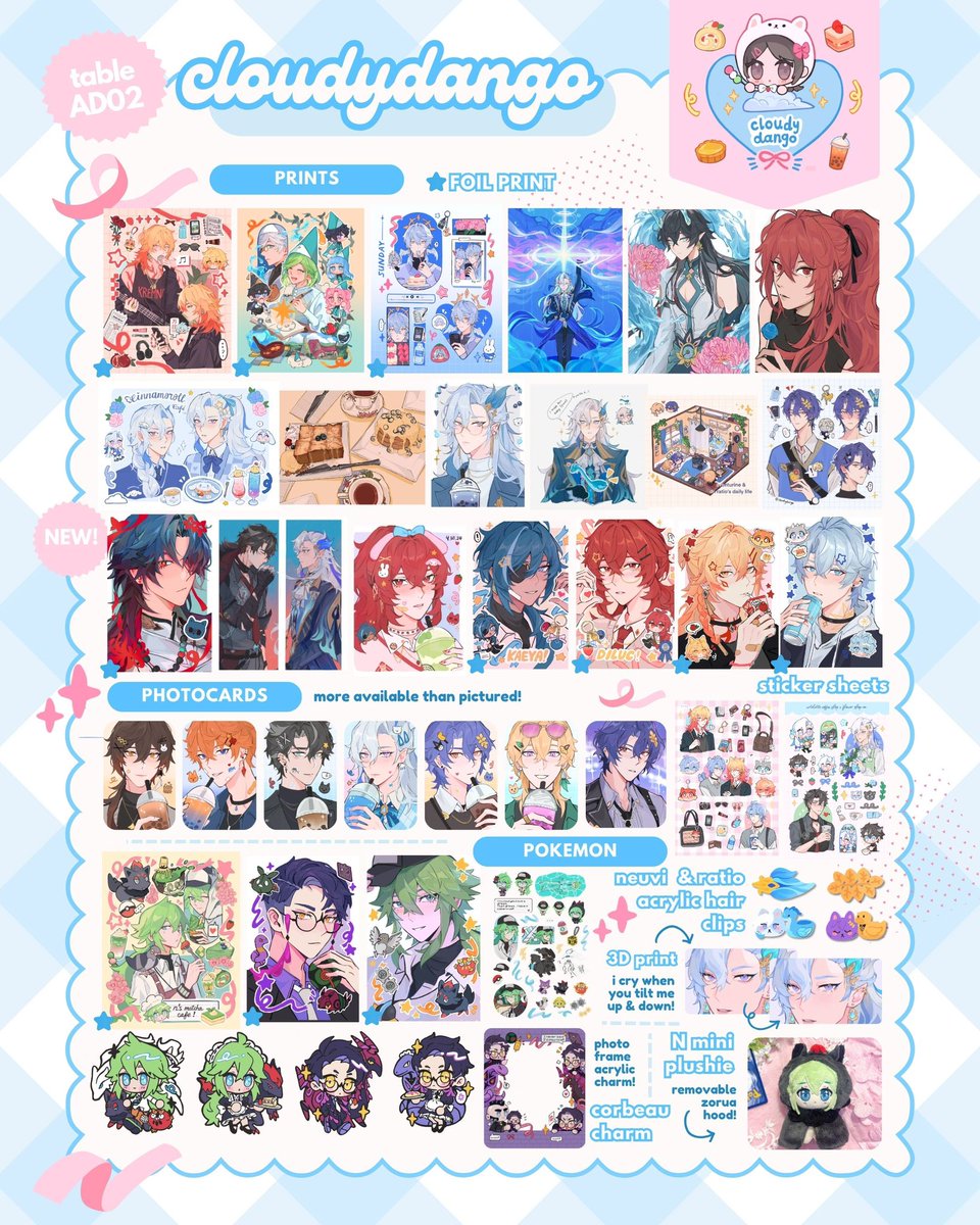 cloudydango's tweet photo. anyc catalogue!! i have lots of hsr (phaidei), genshin, alien stage, link click, avallum, pokemon, persona 5, &amp; more!

will be at AD02 w/ @/jiadoesart, can’t wait to see you there! reservations are limited, dm if interested💕

#anyc2026 #animenyc2026 https://t.co/41Vyhc26QD